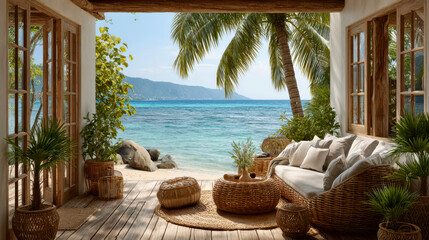 Tropical beachfront oasis with palm trees and cozy rattan furnishings in sunlit paradise