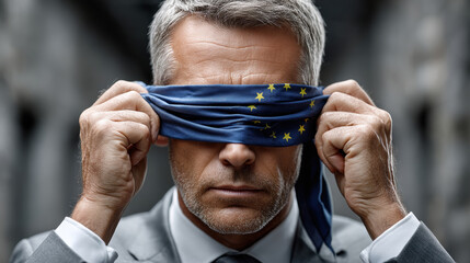 European economic crisis concept with businessman and eu flag blindfold, business crashing in European Union