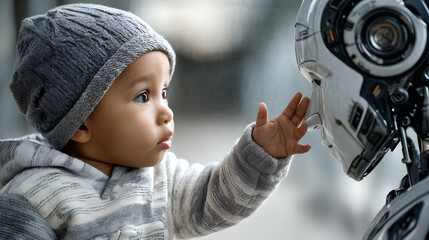 Baby interacting with ai robot symbolizing new connections between human life and technology