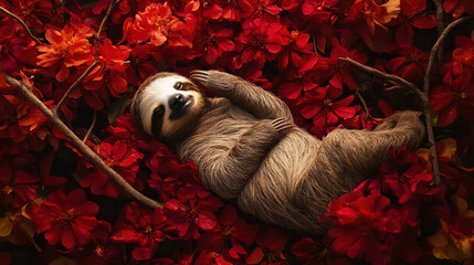 Relaxed sloth lounging among vibrant red flowers in lush garden captures peaceful serenity of nature and wildlife habitat