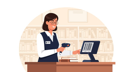 Librarian Scanning Books at the Checkout Counter in Public Library
