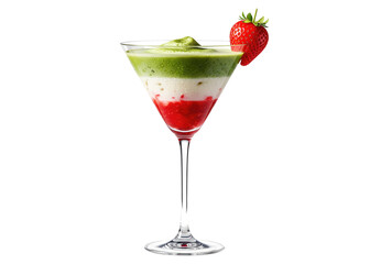 layered strawberry matcha smoothie cocktail in a martini glass