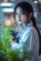 Young asian woman in lab coat with microscope in modern scientific laboratory with green plants