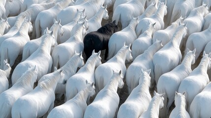 Obraz premium Herd of white horses with one black horse contrasting amid them in a tranquil setting