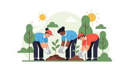 Naklejka premium Teamwork In Reforestation Project Planting Trees To Restore The Environment Together