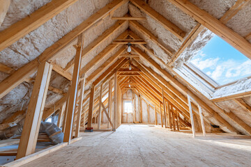 insulation materials being installed between attic roof joists, thermal efficiency home improvement project