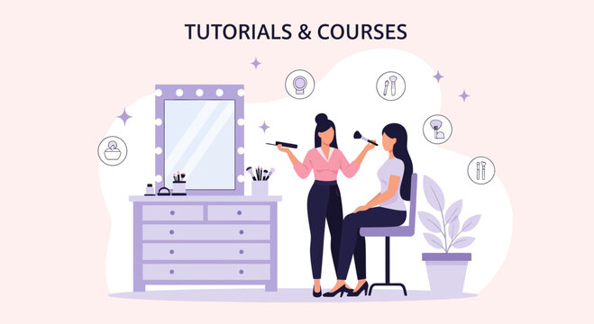 Makeup Artist Applying Cosmetics In Her Client Vanity Mirror With Lights Around