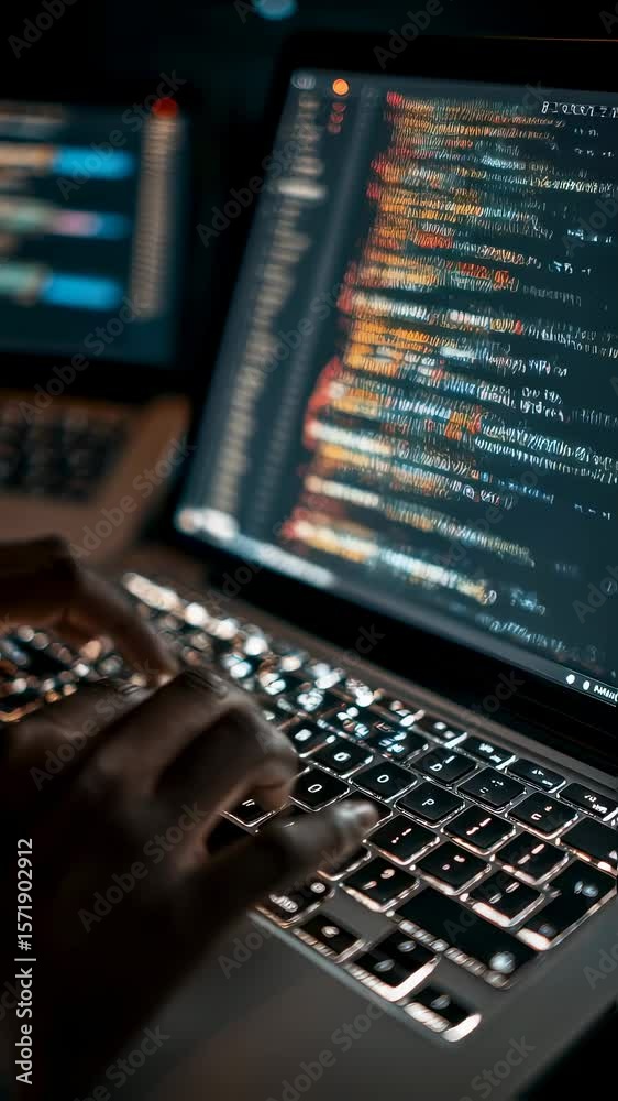 Aufkleber close up of hands typing code on a laptop keyboard, illuminated by the screen displaying lines of pr