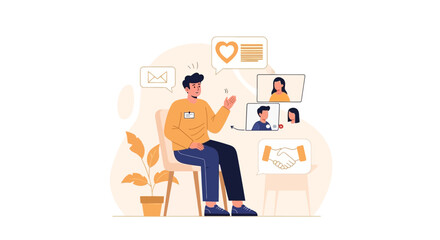 Man Attending Virtual Meeting Surrounded by Communication Icons and Plant