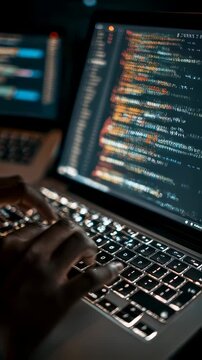 Close up of hands typing code on a laptop keyboard, illuminated by the screen displaying lines of programming language in a dark office setting, suggesting late night coding work