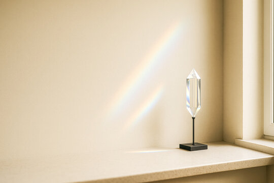Modern Prism Sculpture on Windowsill Casting Rainbow Light onto Minimalist Beige Wall – Clean and Serene Interior Scene with Geometric Crystal Decor, Soft Natural Sunlight, Simple Peaceful Aesthetic - Powered by Adobe
