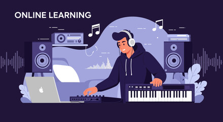 Man Composing Electronic Music At Home Recording Studio Through An Online Course