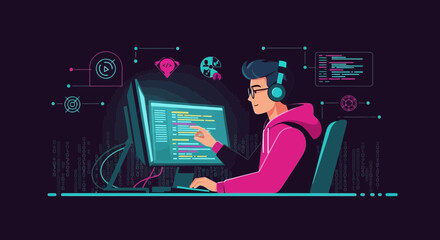 Man Coding Stylish Illustration For Software Development And Application Programming