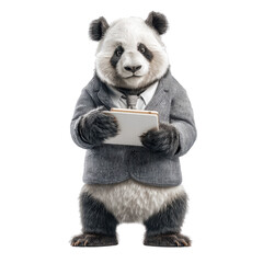 A professional panda in a suit holding a tablet computer standing with a neutral expression