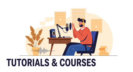 Online Tutorials Concept Depicting an Individual Recording a Podcast at Home