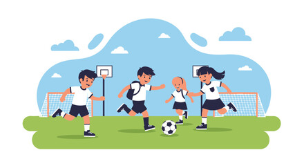 Fototapeta premium School Friends Playing Soccer And Basketball In The School Yard Illustration