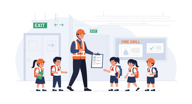 School Fire Drill Practice With Supervisor Helping Students Exit Building Safely