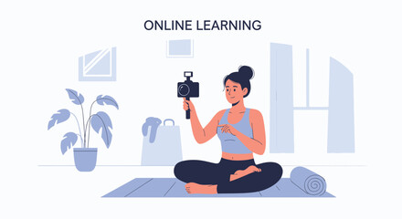 Young Woman Records Fitness Video While Meditating At Her Home Studio Setup