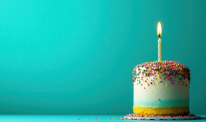 Celebrate another year with a delightful birthday cake adorned with colorful sprinkles and one bright candle