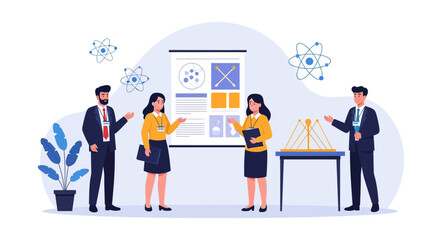 Scientific Presentation With Team Explaining Complex Data Analysis And Experimentation