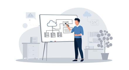 Fototapeta premium Man Presenting Cloud Network Architecture On Whiteboard In Modern Office