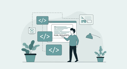 Man Presenting Code With Website Mockup And Floral Elements Flat Design