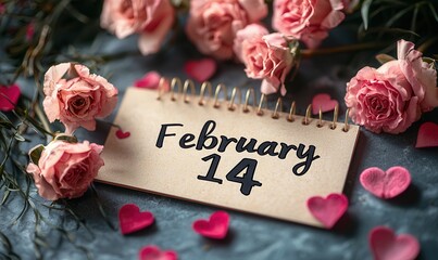 February Fourteenth Marked on the Calendar among Roses for Valentine's Day