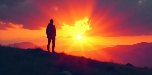 A lone figure silhouetted against a vibrant sunrise, symbolizing the journey of self-discovery and inner peace Find serenity and enlightenment through spiritual awakening , mindfulness, spiritual