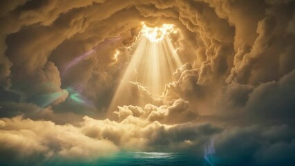 Golden divine light shines through breathtaking cumulus clouds and ocean - Powered by Adobe