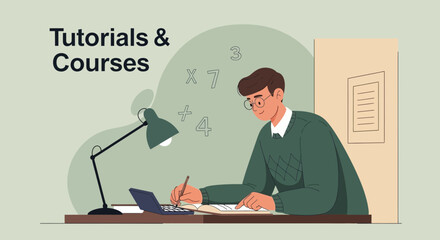 Man Studying Math At His Desk For Learning Platform Or Educational Resources