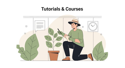 Man Studying Plant Growth In Garden Online Course Concept Illustration