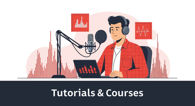 Man Streaming Online Podcast With Microphone On Laptop For Music Production