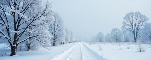 A picturesque winter scene with heavy snowfall blanketing a tranquil landscape; frosty branches draped with snow under a grey sky , season, tranquil