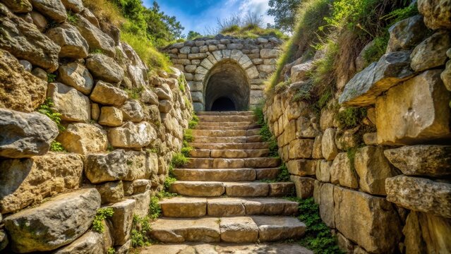 A stone stairway leading to the Labna enclosure's summit with a glimpse of the underground sacbe, Sacred Way, Mayan Stairway
