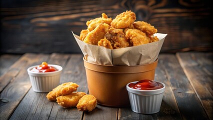 Juicy chicken nuggets piled high in a crinkly paper bucket filled with crispy fried nugget scraps and tangy dipping sauce , snack, paper bucket
