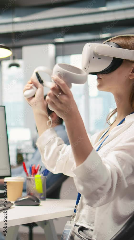 Poster vertical video female technician wearing vr goggles coding with ai language model assistance in star