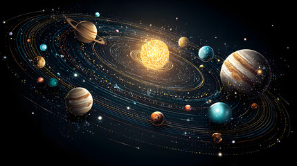 A vibrant illustration of the solar system showcasing planets orbiting a bright sun against a dark background.