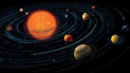 Illustration of the solar system featuring the sun and planets orbiting around it against a dark background.