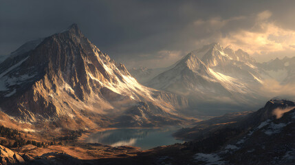 Rugged paisajes mountain range with rocky peaks under dramatic sky
