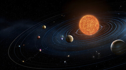 An illustration of a solar system showing a bright sun surrounded by planets orbiting on elliptical paths against a dark space background.