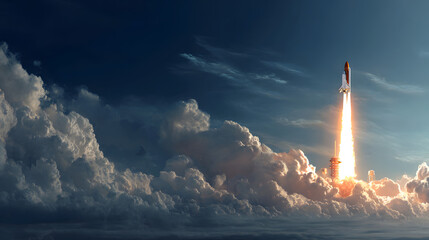 Powerful rocket launch ascending through dramatic cloudscape, fiery exhaust trail visible.
