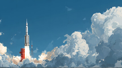 A stylized illustration of a rocket launching into a vibrant blue sky filled with fluffy white clouds.
