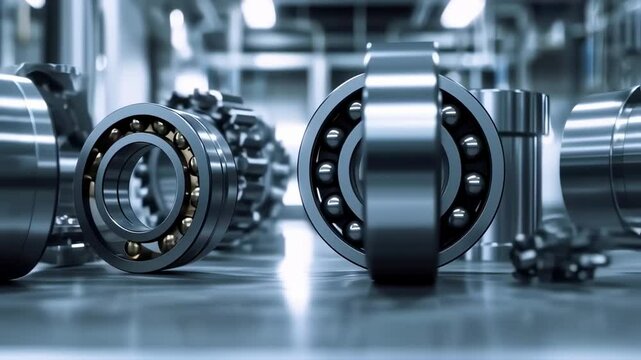 Close-up view showcases precision engineering with gleaming metal ball bearings on a polished surface, industrial elegance