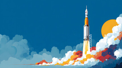 A rocket launches into the sky, leaving behind a trail of fire and smoke.