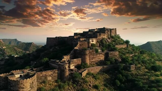 Bhangarh Fort ruins aerial view with sunset sky scenic landscape Rajasthan India
