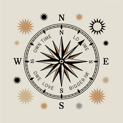 Inspirational compass with motivational phrases like own time love bigger live guiding the way with celestial sun and star elements on a neutral background