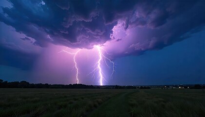 Dramatic lightning bolt striking during a powerful summer thunderstorm, illuminating the dark sky and distant landscape The raw power of nature is captured in this breathtaking image , rain, horizon