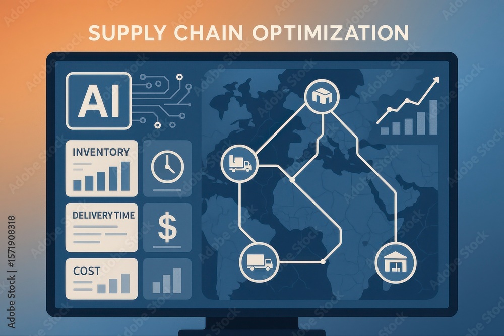 Poster display showing ai and supply chain optimization with world map view