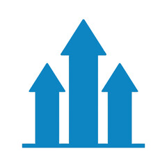 Three blue arrows pointing upwards, isolated on white background, symbolizing growth and success in business and finance