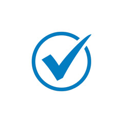 A blue check mark inside a circle isolated on white background signifies a correct choice and validation